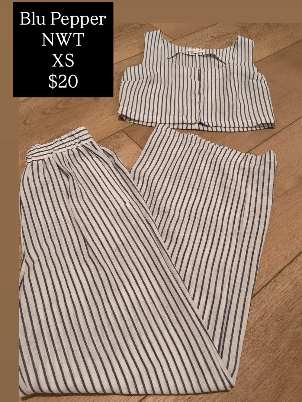 Blu Pepper White and Navy Striped Crop Top & Wide Leg Pants Set